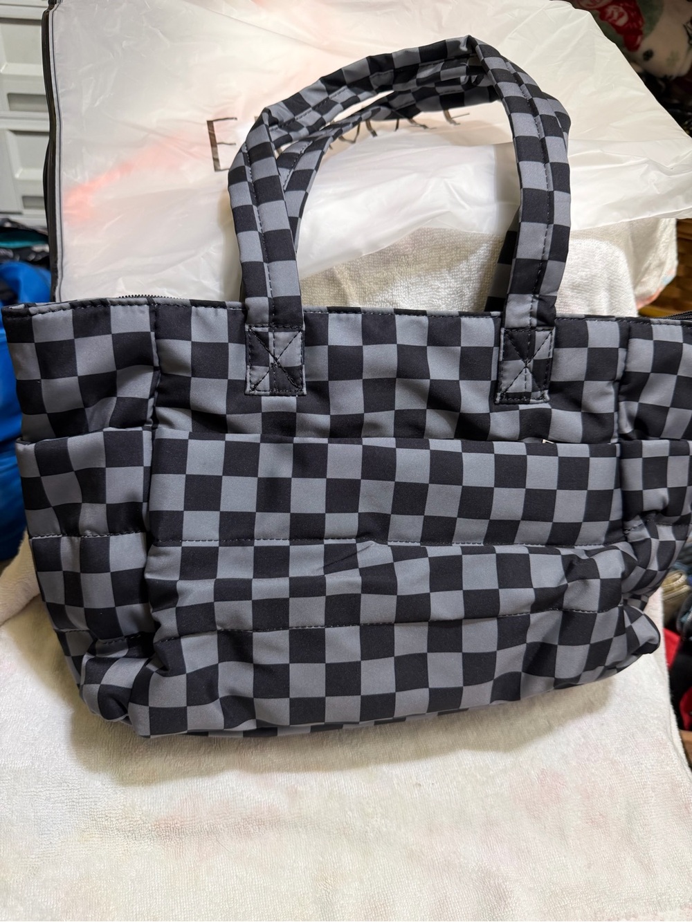 Emmafy Checkerboard Quilted Tote Bag - Black & Gray